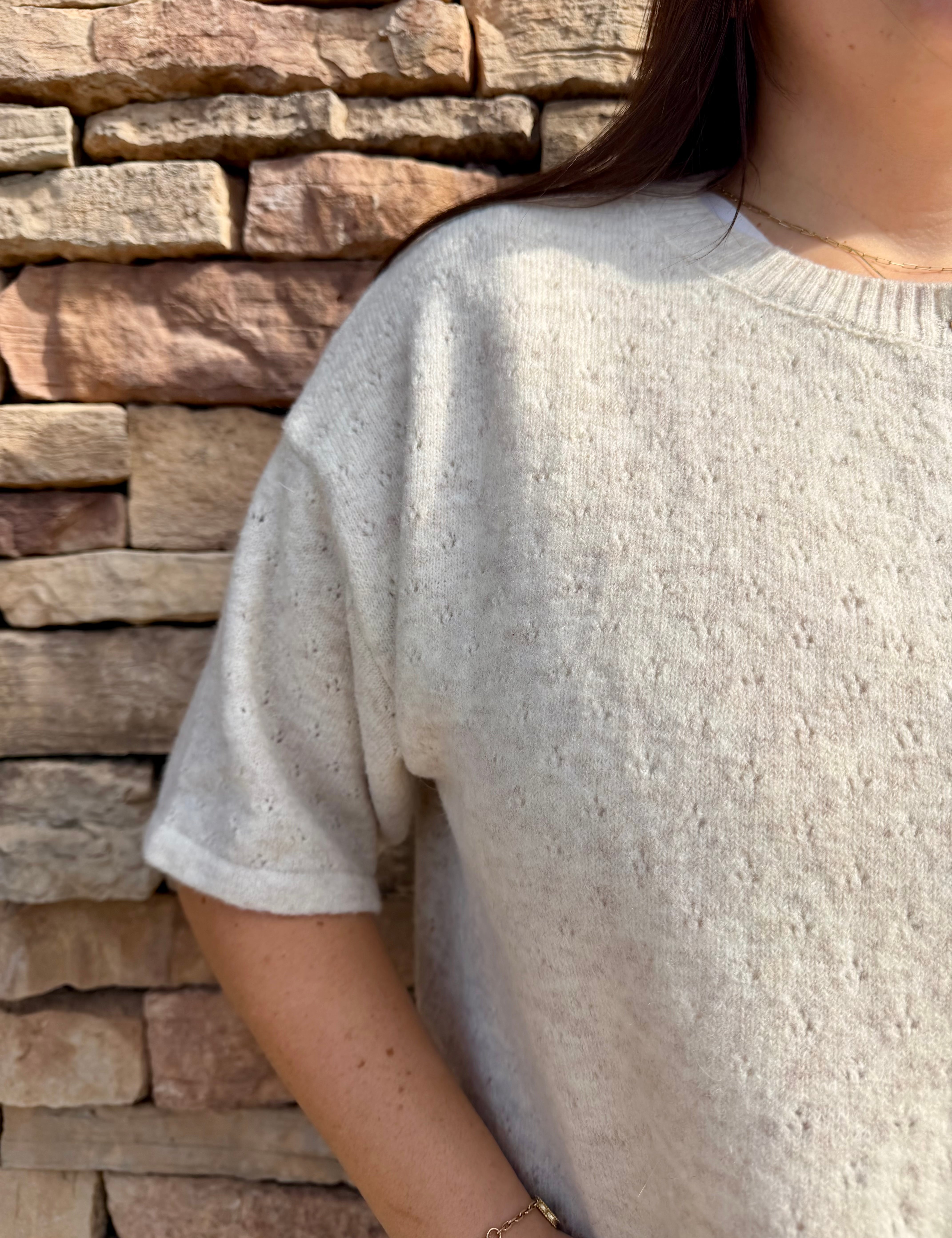Boston Pointelle Short Sleeve Cardigan - Oatmeal