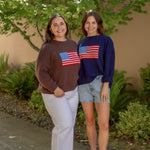 Navy and brown american flag long sleeve relaxed sweater crew neck