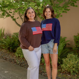 Navy and brown american flag long sleeve relaxed sweater crew neck