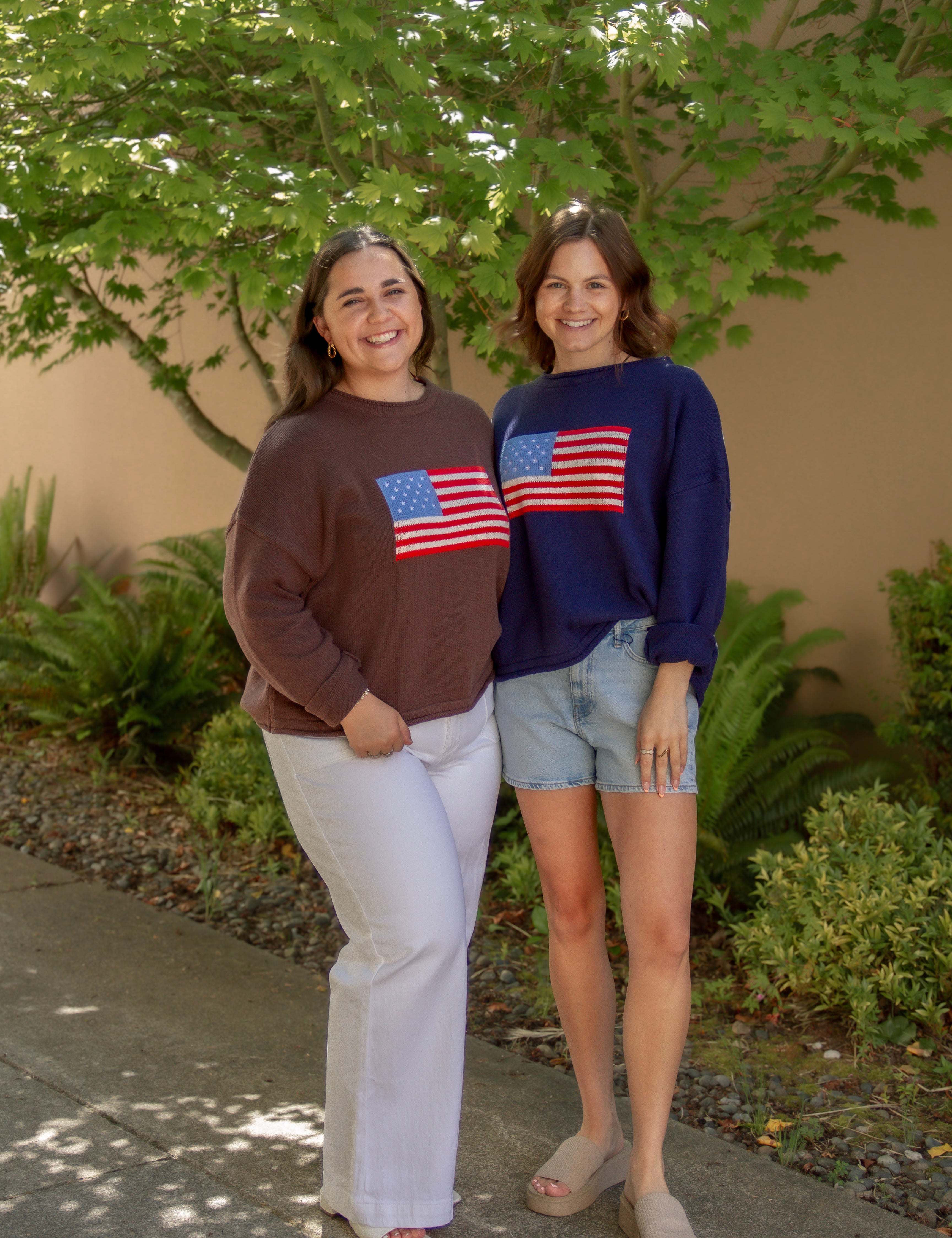 Navy and brown american flag long sleeve relaxed sweater crew neck