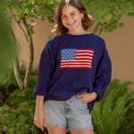 Navy  american flag long sleeve relaxed sweater crew neck with light wash shorts