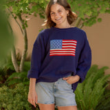 Navy  american flag long sleeve relaxed sweater crew neck with light wash shorts
