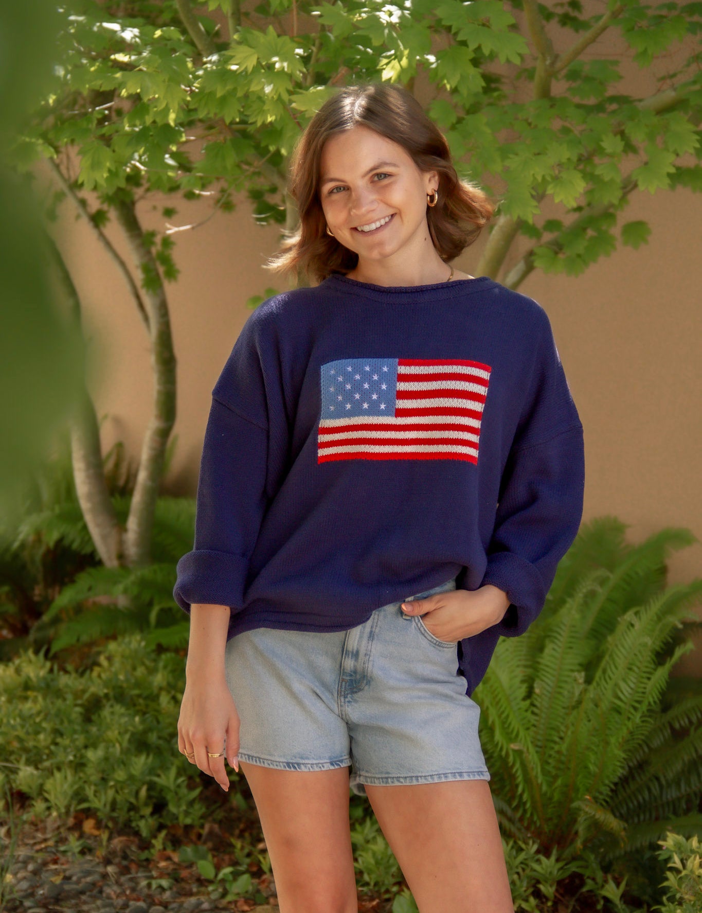 Navy  american flag long sleeve relaxed sweater crew neck with light wash shorts