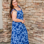 blue floral maxi dress with sweetheart neckline and smocked back