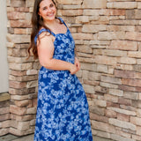blue floral maxi dress with sweetheart neckline and smocked back