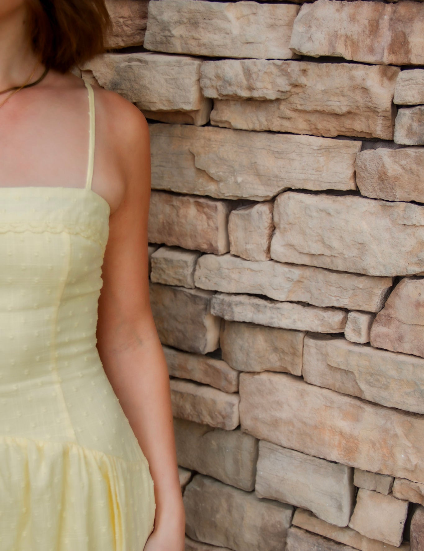 yellow midi dress with drop waist, textured detail, adjustable spaghetti straps and yellow sandals