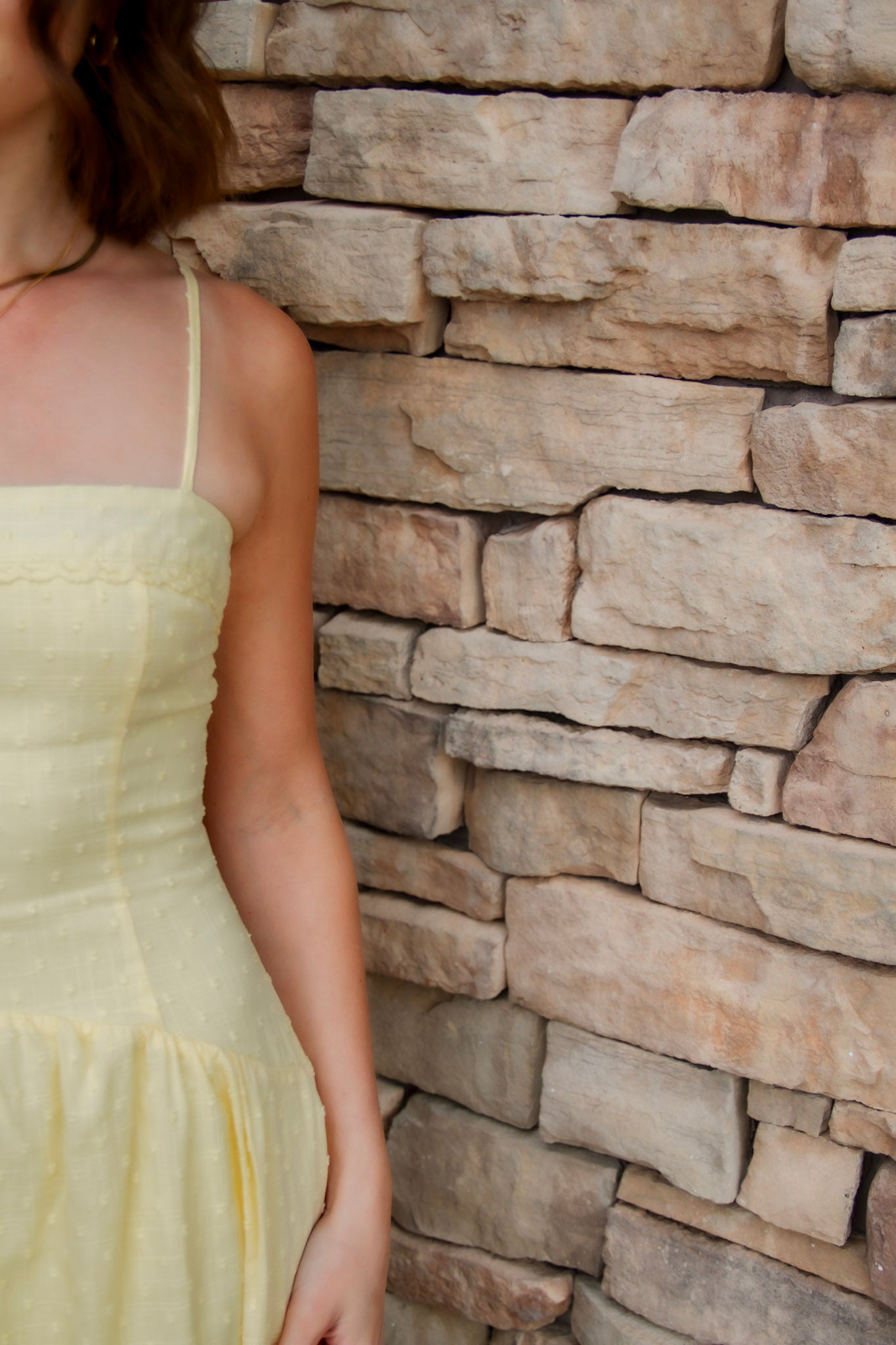 yellow midi dress with drop waist, textured detail, adjustable spaghetti straps and yellow sandals