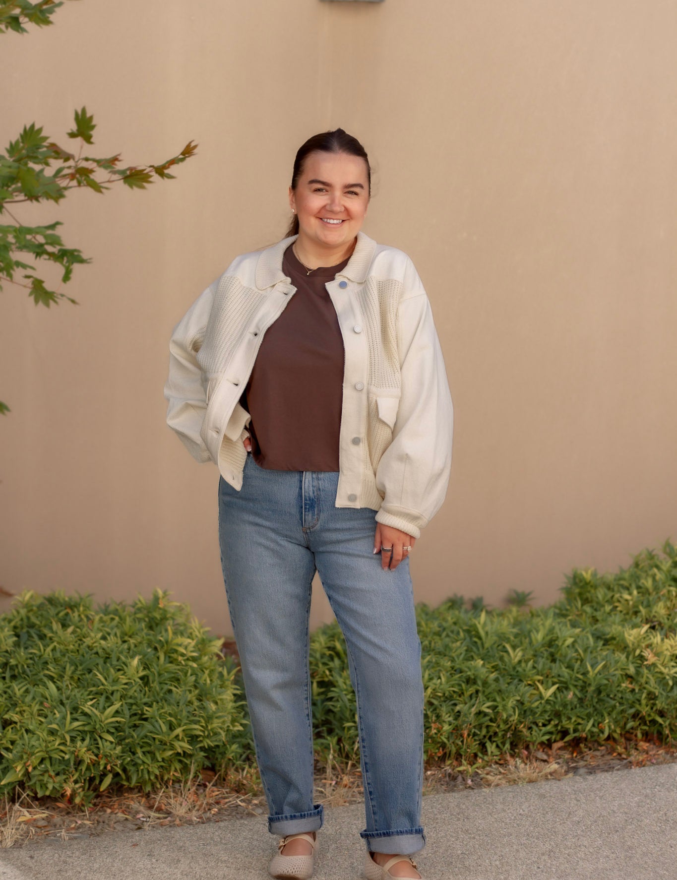 Elan Mixed Media Shacket in Cream