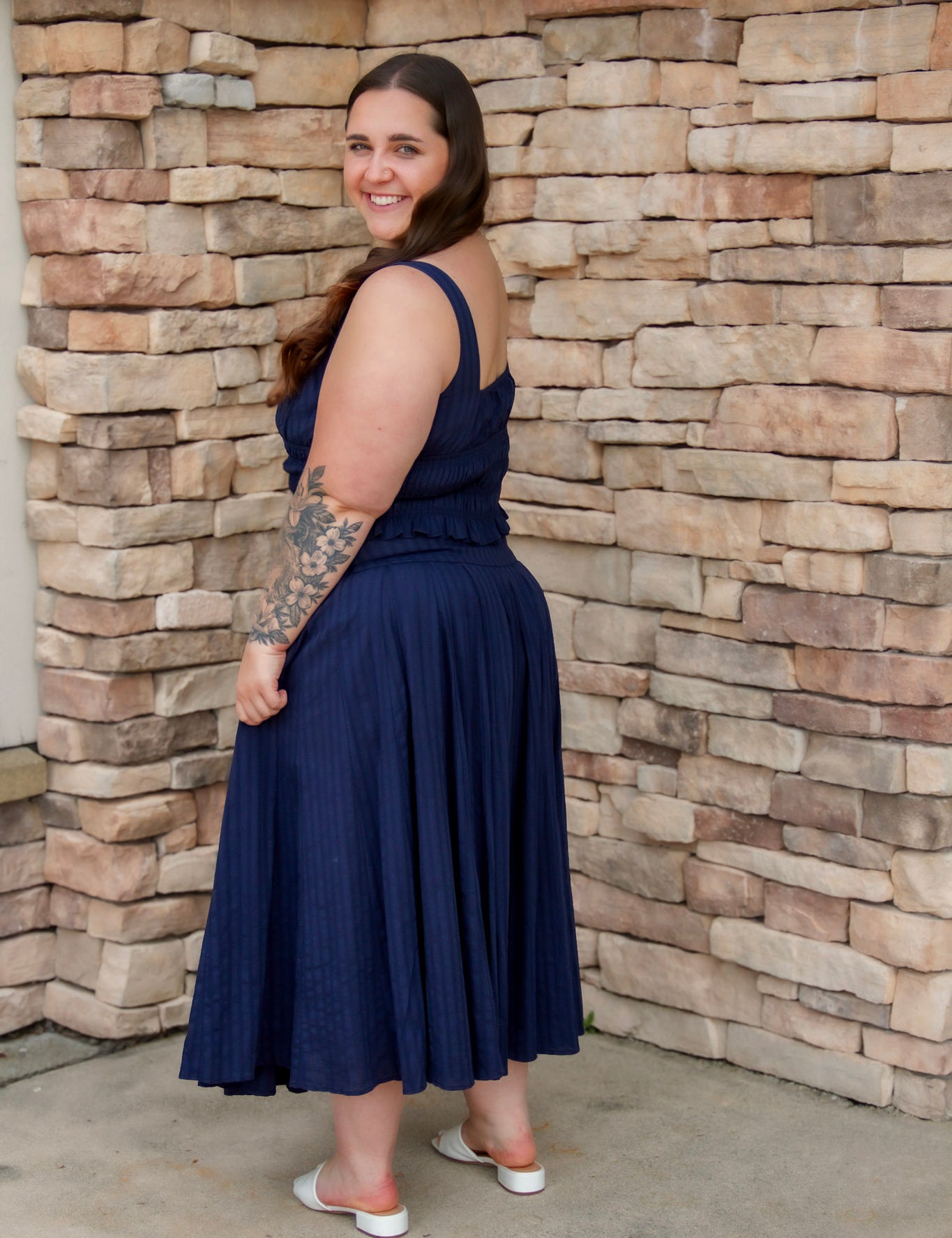 navy matching set featuring a navy midi skirt and a navy tank top 