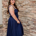 navy matching set featuring a navy midi skirt and a navy tank top 