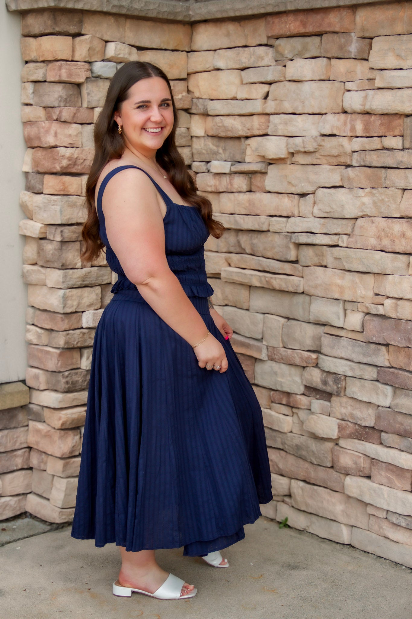 navy matching set featuring a navy midi skirt and a navy tank top 