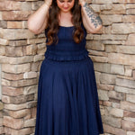 navy matching set featuring a navy midi skirt and a navy tank top 