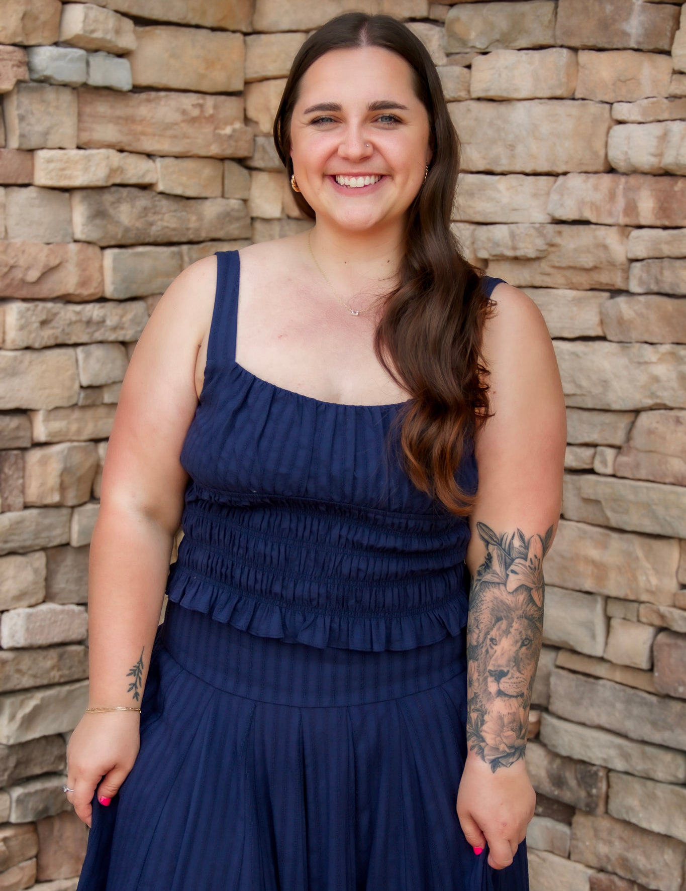 navy smocked top with stretch and a matching navy midi skirt 