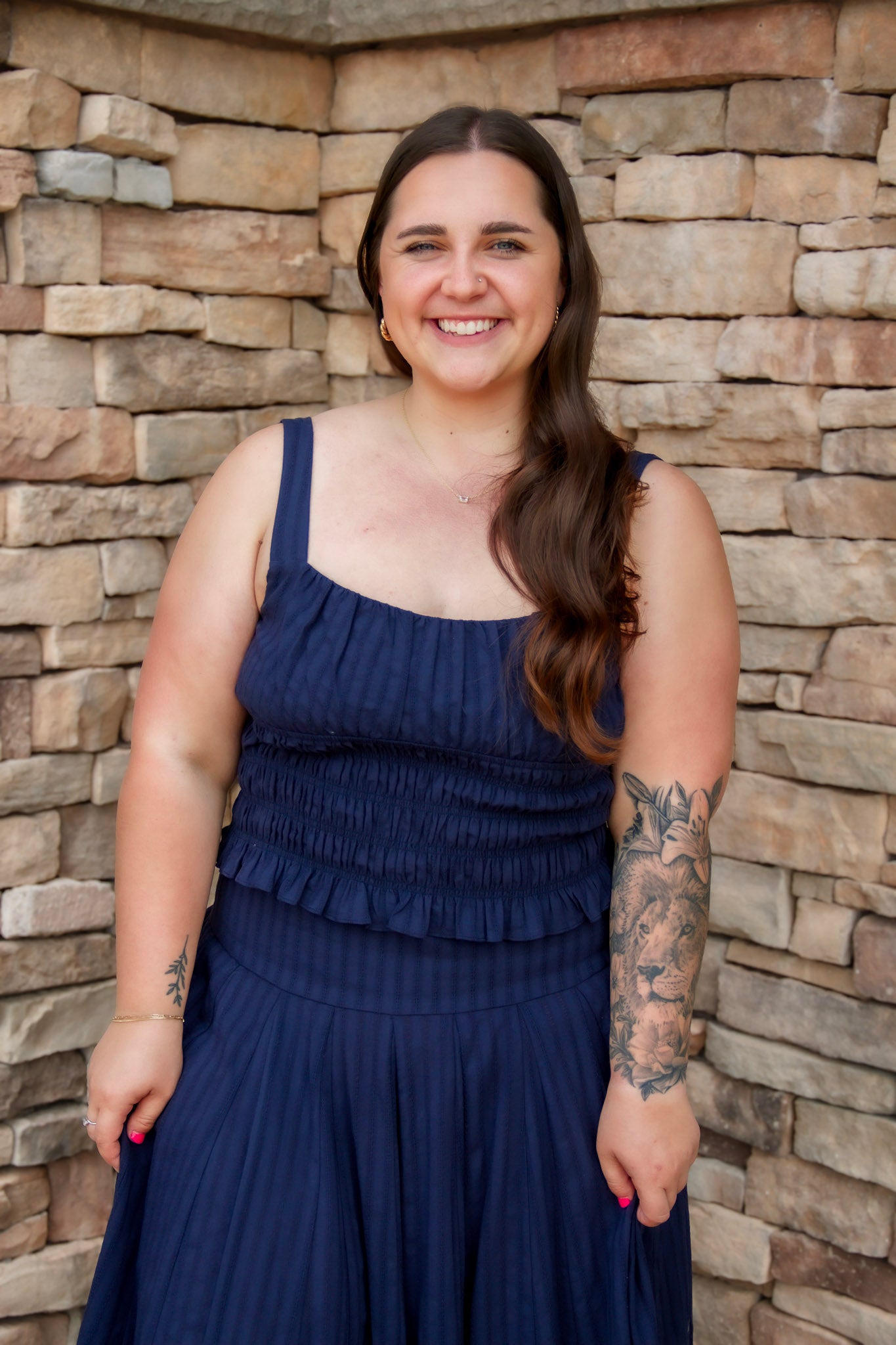 navy smocked top with stretch and a matching navy midi skirt 