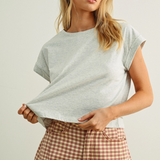 Round Neck Cuffed Sleeve Tee - Tan & Grey