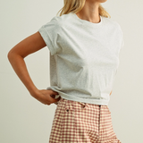 Round Neck Cuffed Sleeve Tee - Tan & Grey