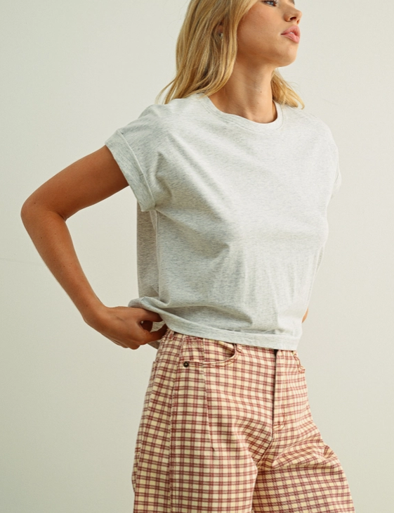 Round Neck Cuffed Sleeve Tee - Tan & Grey