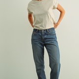 Round Neck Cuffed Sleeve Tee - Tan & Grey