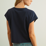 Round Neck Cuffed Sleeve Tee - Blue