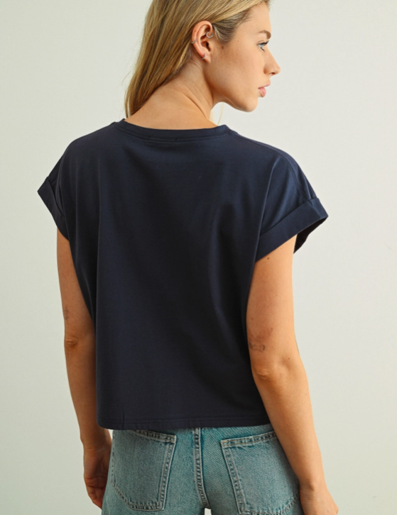 Round Neck Cuffed Sleeve Tee - Blue