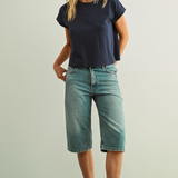 Round Neck Cuffed Sleeve Tee - Blue