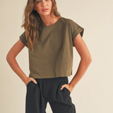 Round Neck Cuffed Sleeve Tee - Olive