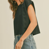 Round Neck Cuffed Sleeve Tee - Black