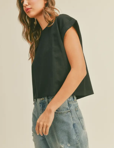 Round Neck Cuffed Sleeve Tee - Black