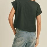Round Neck Cuffed Sleeve Tee - Black