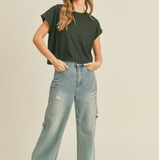 Round Neck Cuffed Sleeve Tee - Black