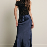 Satin Flare Skirt in Navy