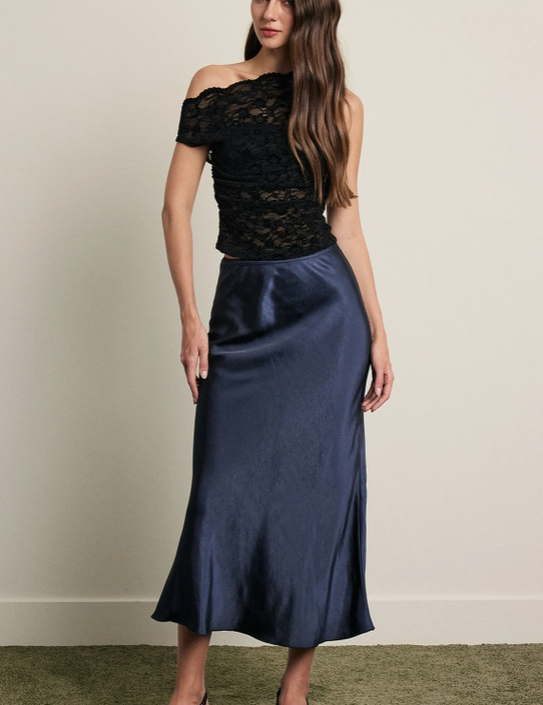 Satin Flare Skirt in Navy
