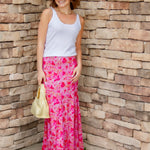 astr the label floral pink skirt  with white MAVI tank top and yellow handbag