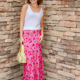 astr the label floral pink skirt  with white MAVI tank top and yellow handbag