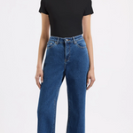 black short sleeve ribbed tshirt with dark wash denim jeans