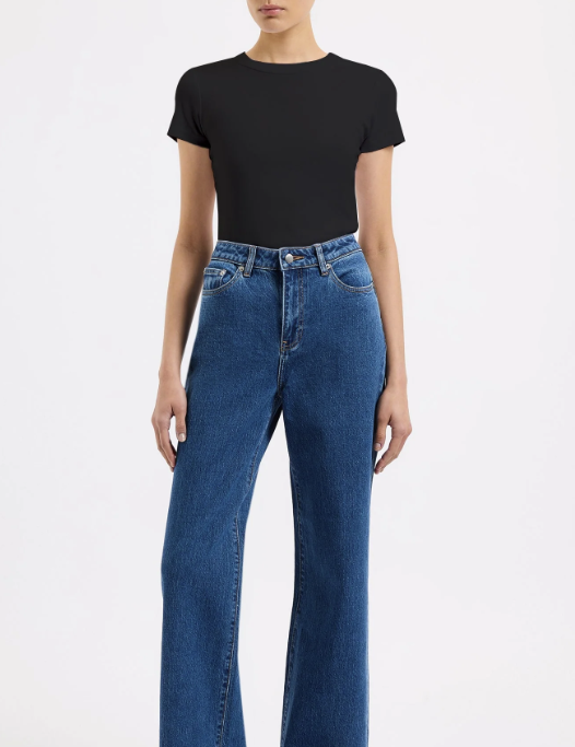 black short sleeve ribbed tshirt with dark wash denim jeans