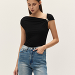 black tank with silver metal detail, off the shoulder style tank top with drapey detail and denim jeans