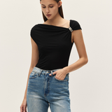 black tank with silver metal detail, off the shoulder style tank top with drapey detail and denim jeans