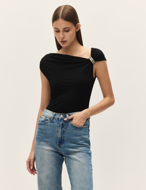 black tank with silver metal detail, off the shoulder style tank top with drapey detail and denim jeans