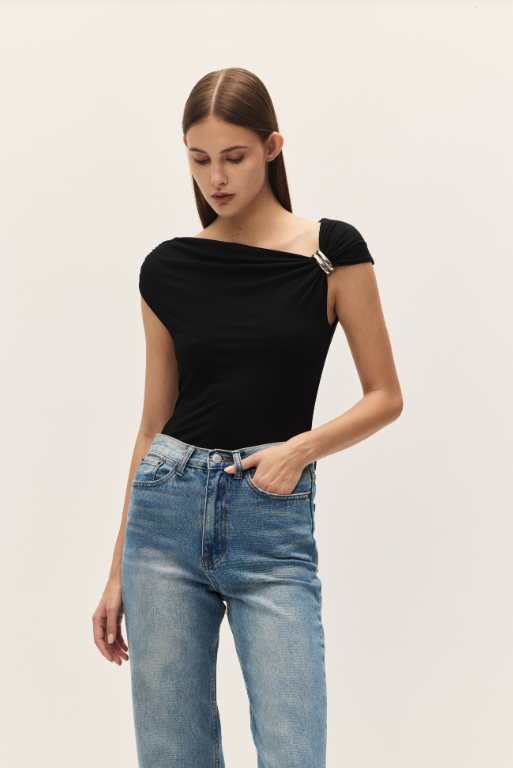 black tank with silver metal detail, off the shoulder style tank top with drapey detail and denim jeans
