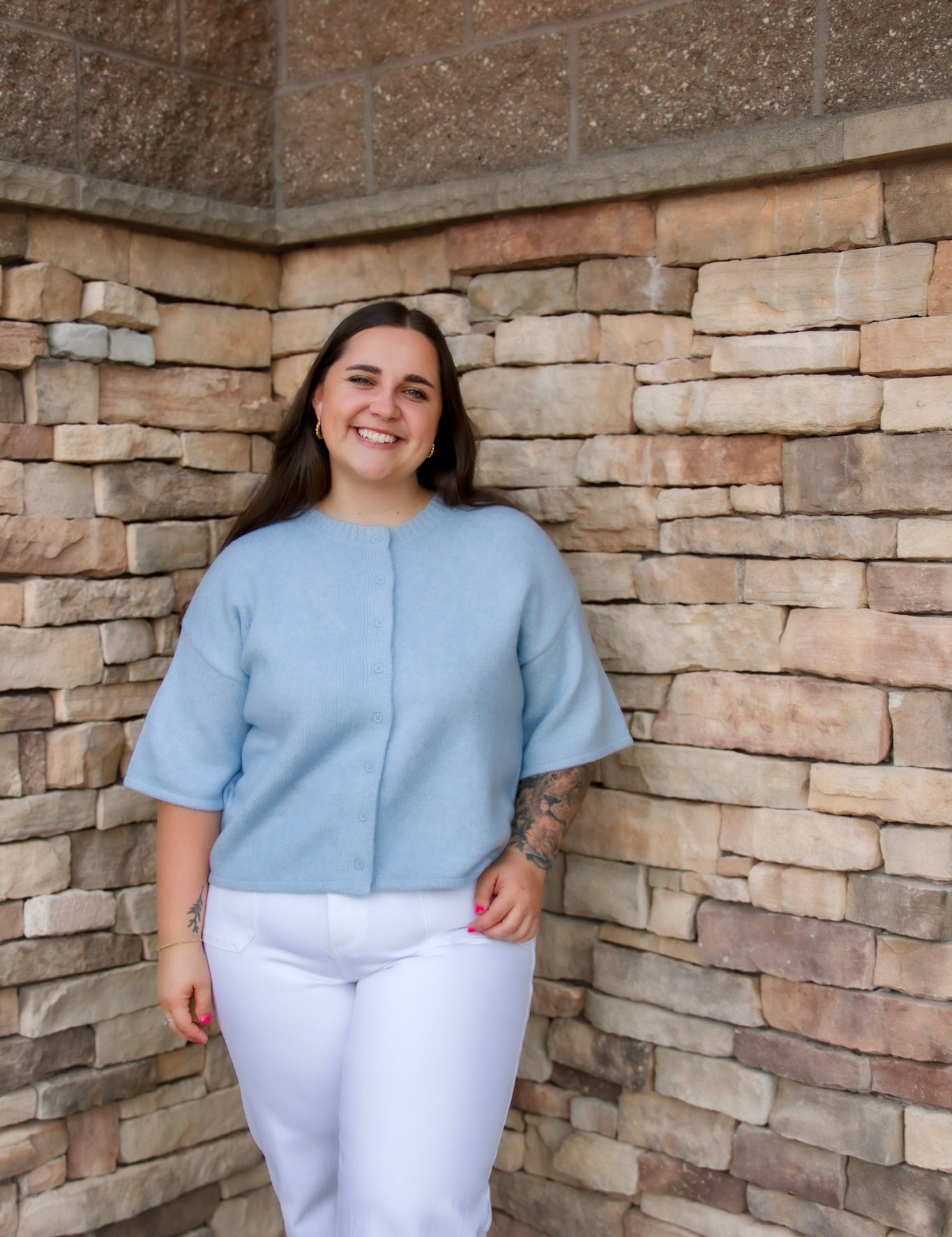 blue short sleeve soft sweater cardigan  with buttons down the front 