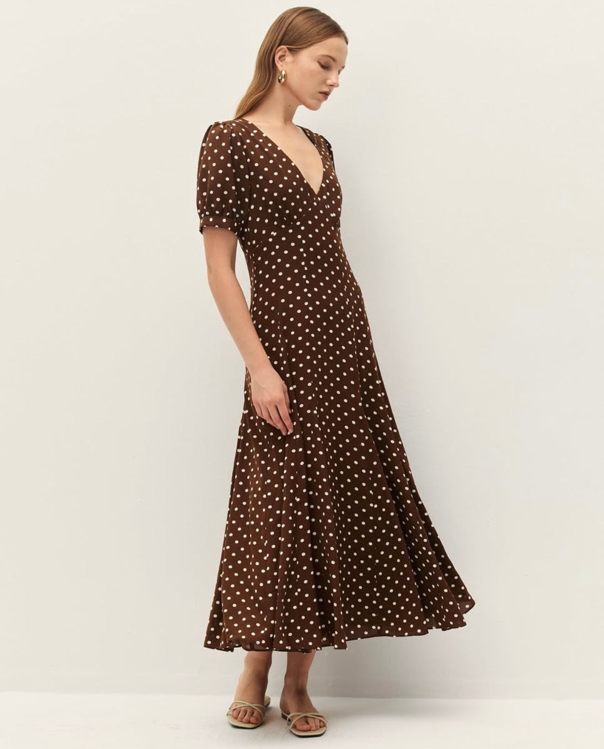 brown vneck style maxi dress with short sleeves and white polka dots