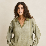 mid weight knit sweater in green with vneckline and long sleeves