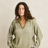mid weight knit sweater in green with vneckline and long sleeves