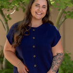 navy short sleeve tank sweater button up with white denim