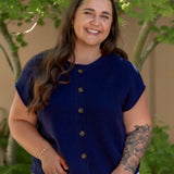navy short sleeve tank sweater button up with white denim