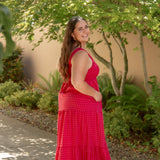 red and pink tank top style dress with tiered skirt and stretchy top