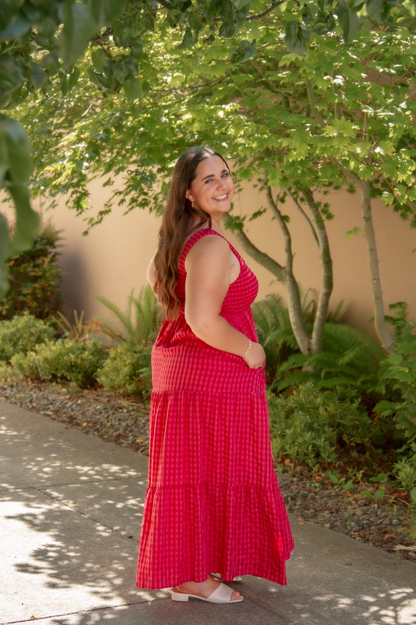 red and pink tank top style dress with tiered skirt and stretchy top