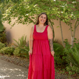 red and pink tank top style dress with tiered skirt and stretchy top