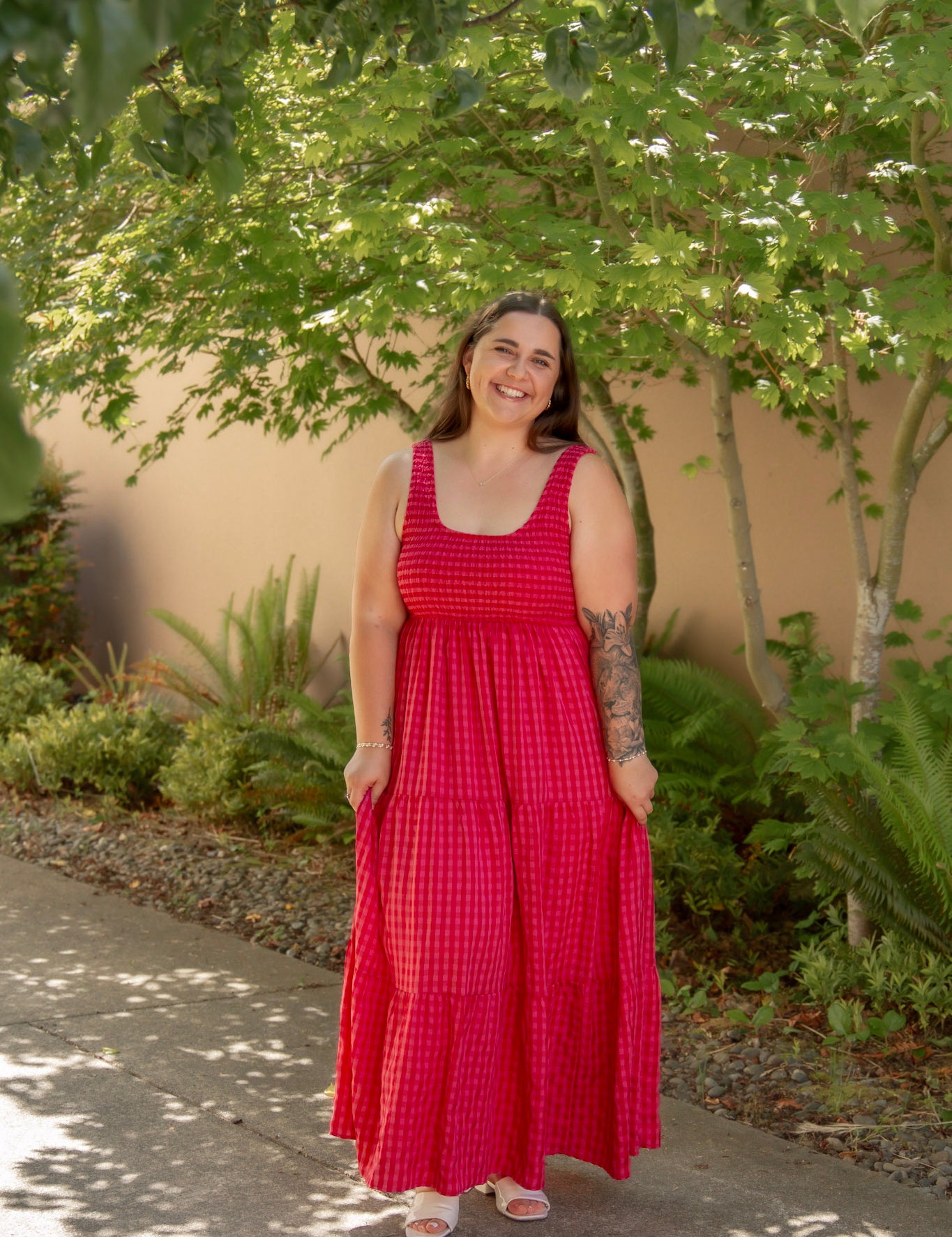 red and pink tank top style dress with tiered skirt and stretchy top